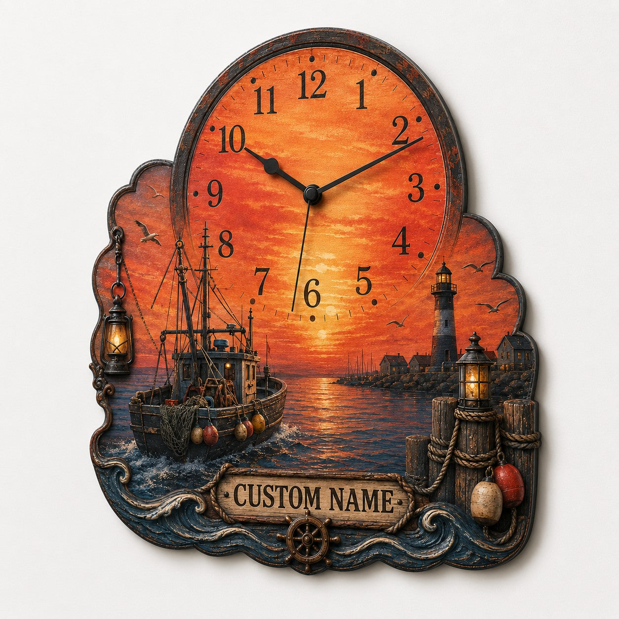 Personalized Orange Seascape Timepiece Wall Clock with Custom Name — personalized with a custom name
