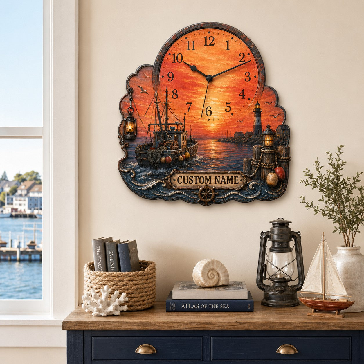 Personalized Orange Seascape Timepiece Wall Clock with Custom Name — personalized with a custom name
