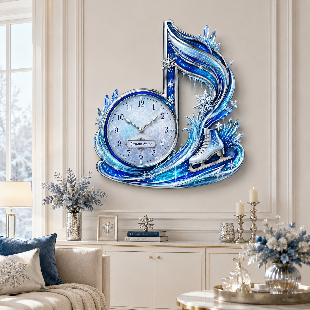 Personalized Ice Skating Music Note Wall Clock with Custom Name — personalized with a custom name