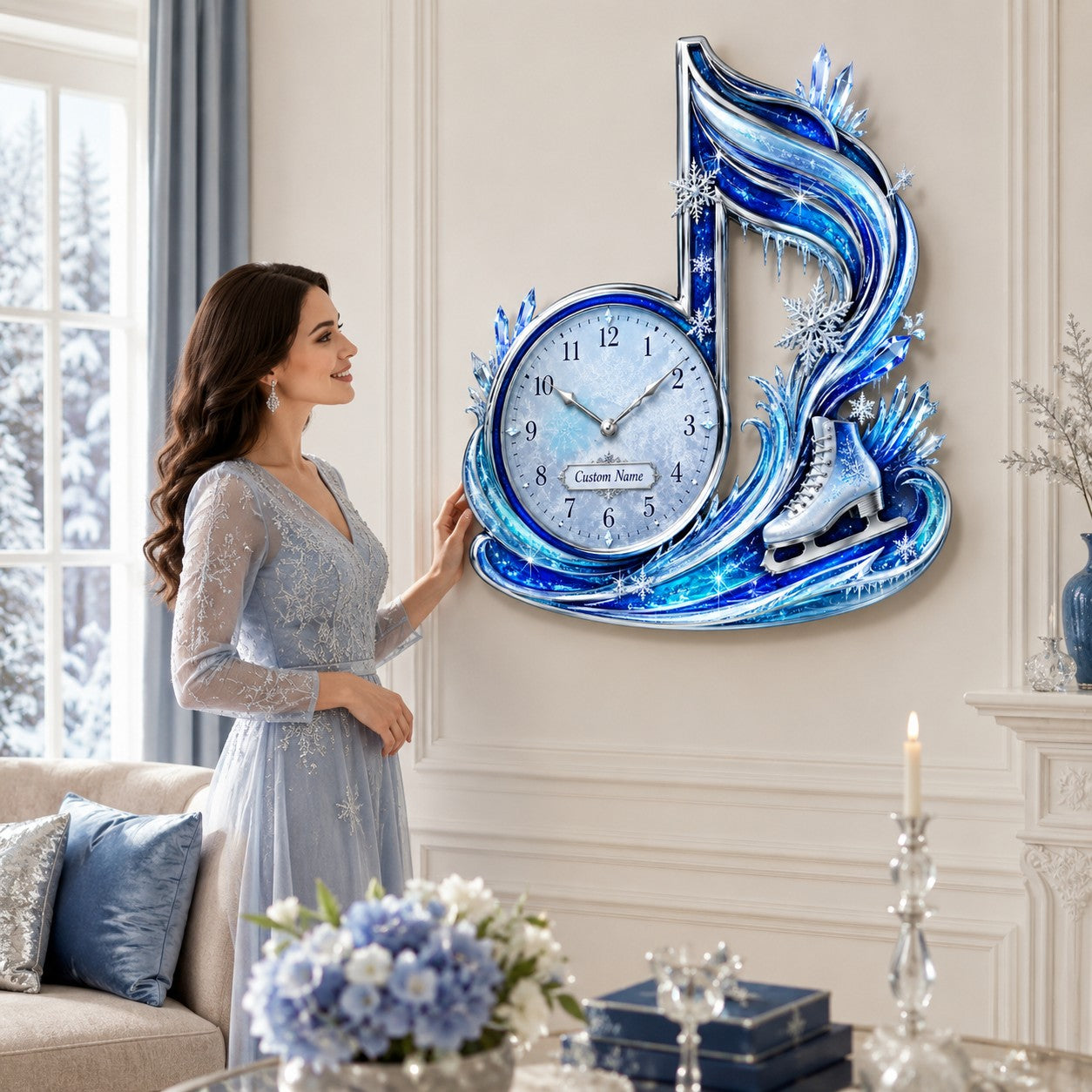 Personalized Ice Skating Music Note Wall Clock with Custom Name — personalized with a custom name
