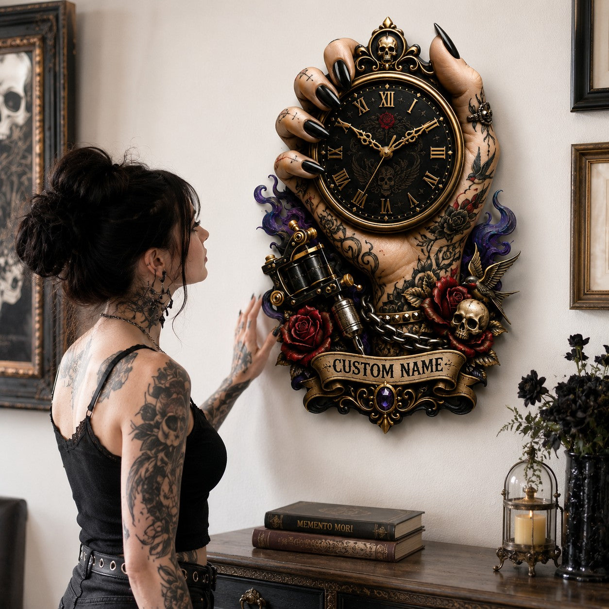 Personalized Tattoo Hand Wall Clock with Custom Name — personalized with a custom name