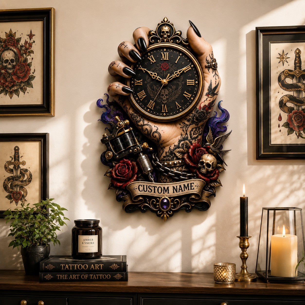 Personalized Tattoo Hand Wall Clock with Custom Name — personalized with a custom name
