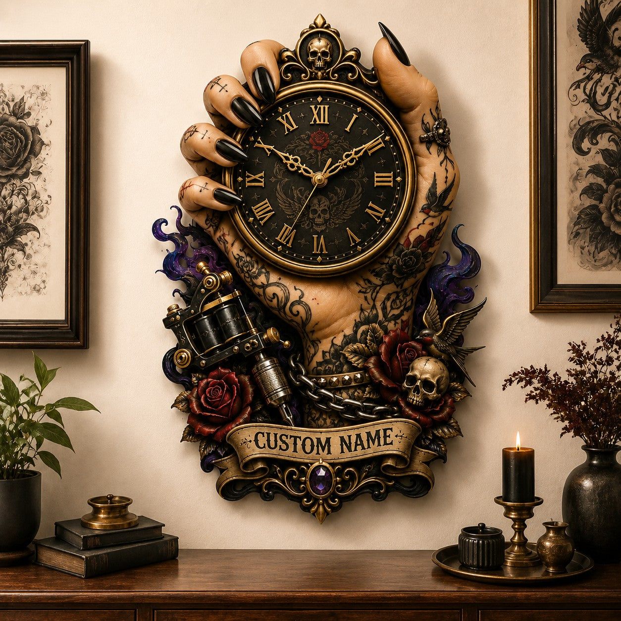 Personalized Tattoo Hand Wall Clock with Custom Name — personalized with a custom name
