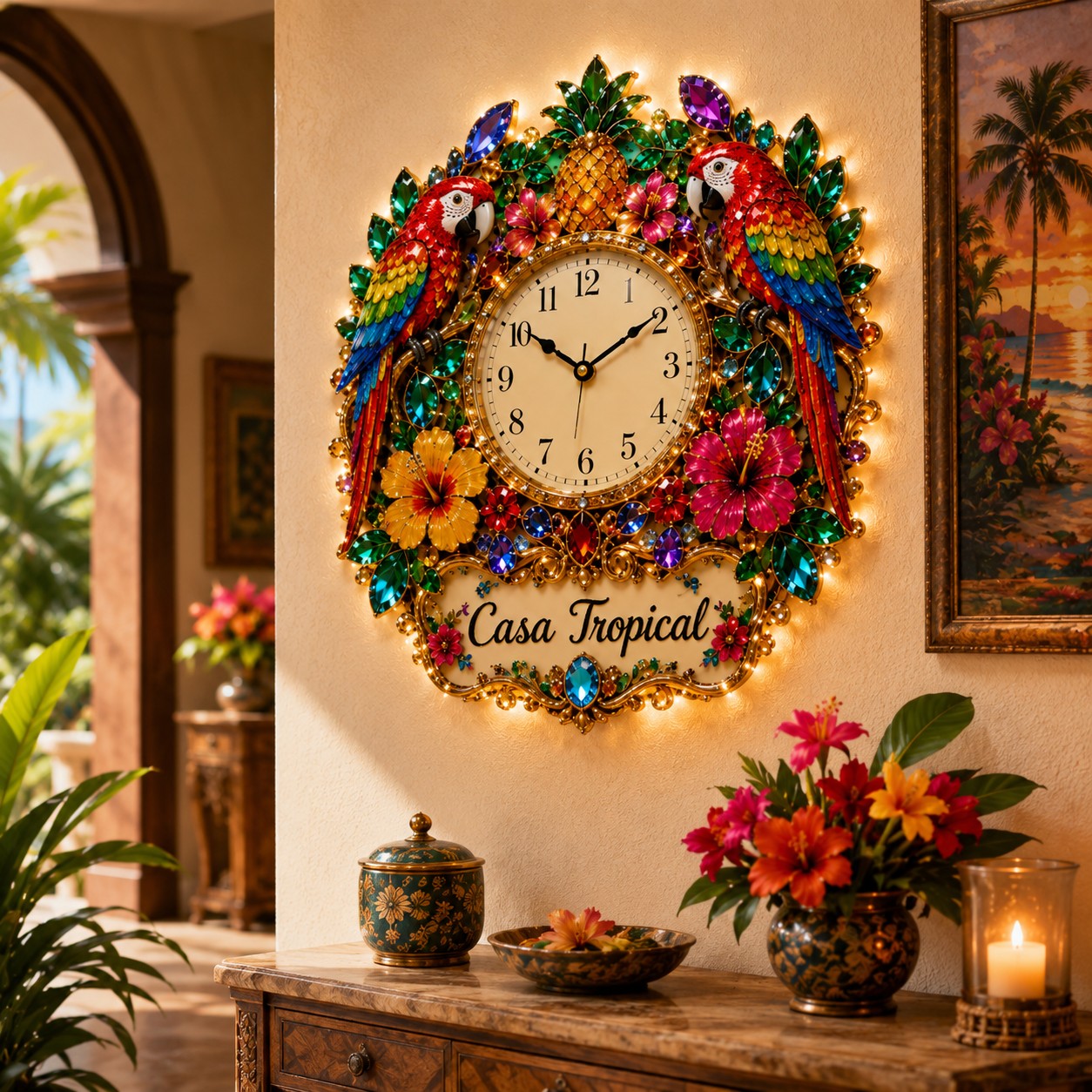 Personalized Tropical Parrot Wall Clock with Custom Name — personalized with a custom name