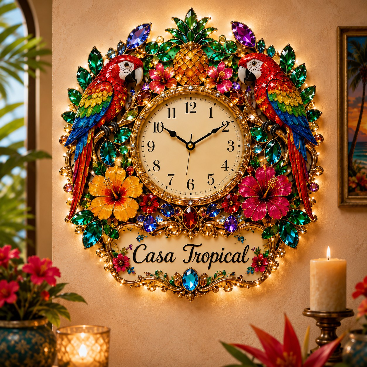 Personalized Tropical Parrot Wall Clock with Custom Name — personalized with a custom name