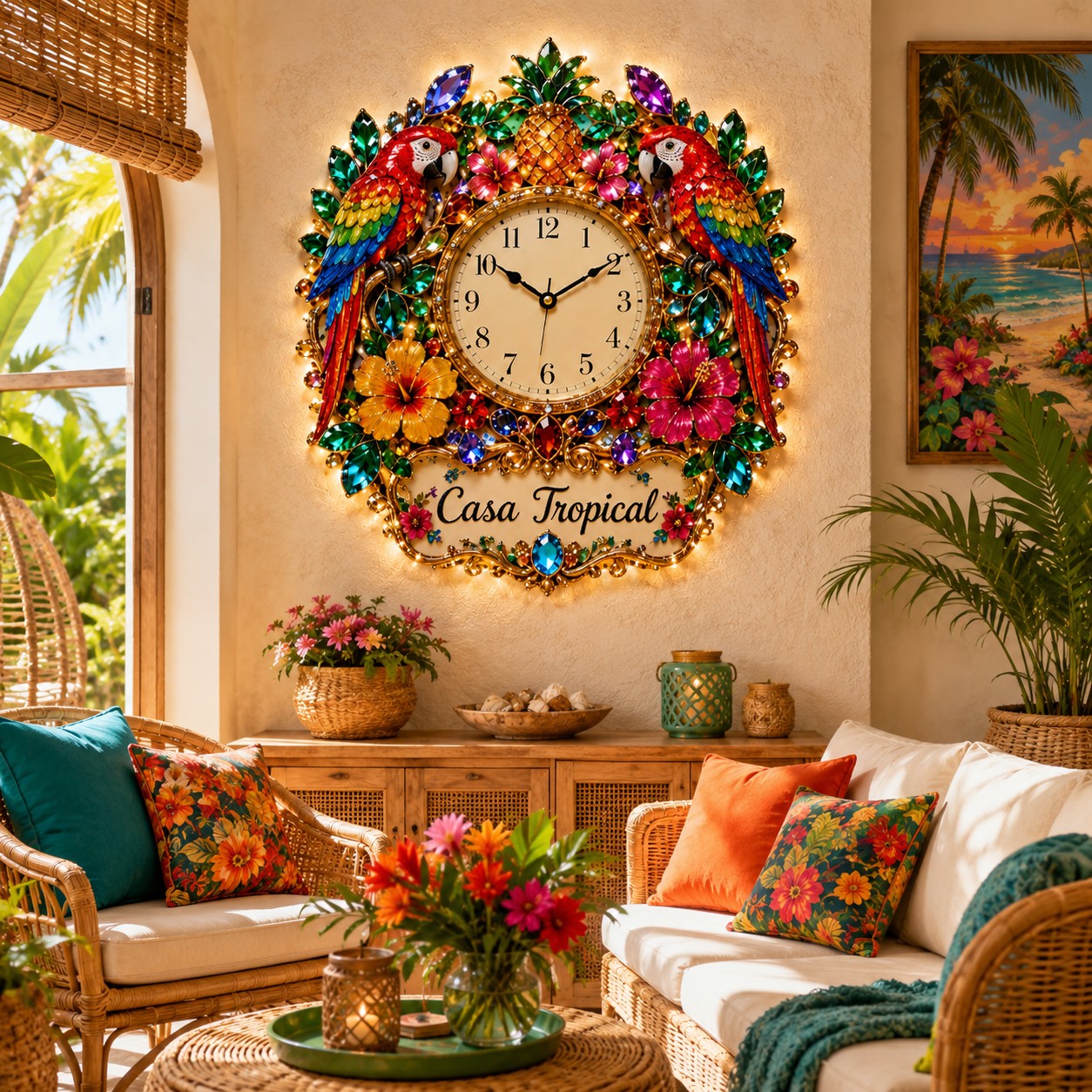 Personalized Tropical Parrot Wall Clock with Custom Name — personalized with a custom name