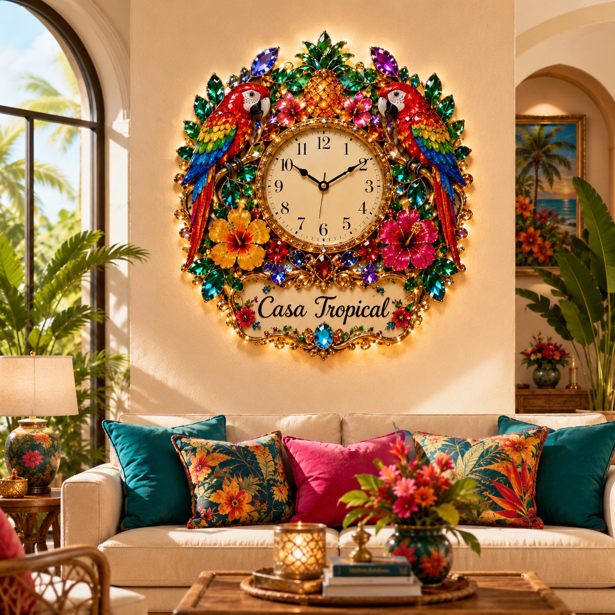Personalized Tropical Parrot Wall Clock with Custom Name — personalized with a custom name