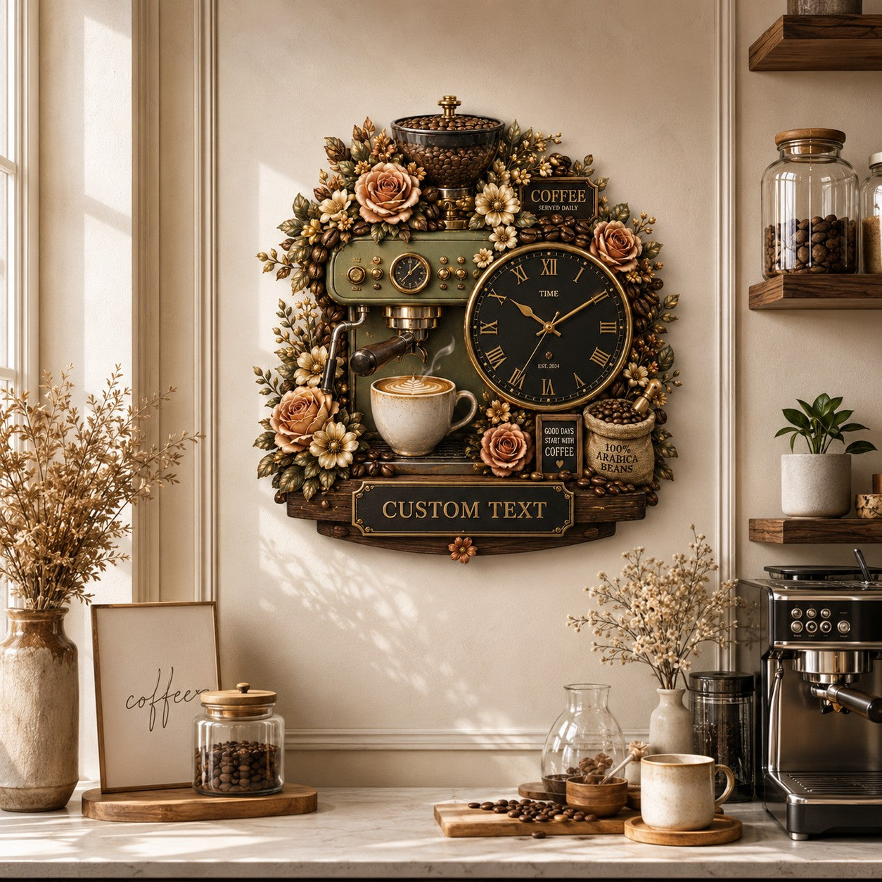 Personalized Coffee Bar Wall Clock, Custom Name Gift for Coffee Lovers — personalized with a custom name