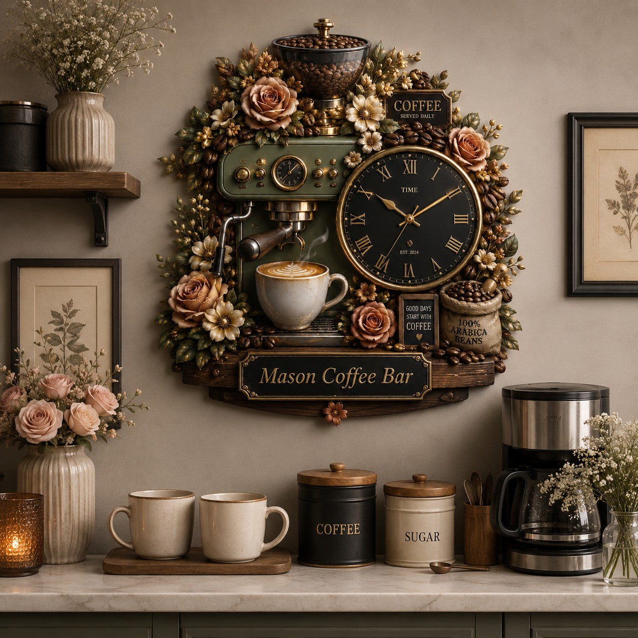 Personalized Coffee Bar Wall Clock, Custom Name Gift for Coffee Lovers — personalized with a custom name