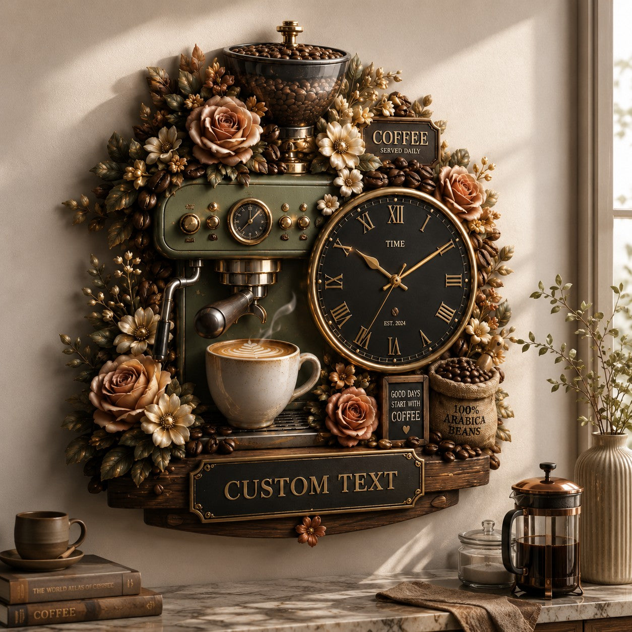 Personalized Coffee Bar Wall Clock, Custom Name Gift for Coffee Lovers — personalized with a custom name