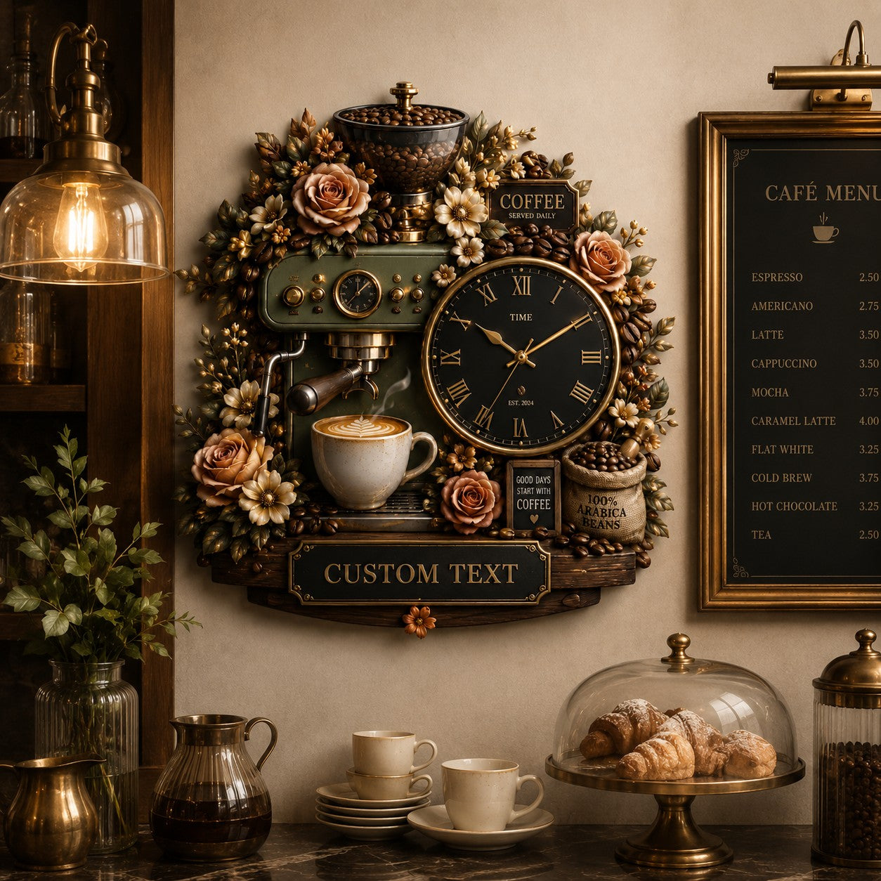 Personalized Coffee Bar Wall Clock, Custom Name Gift for Coffee Lovers — personalized with a custom name