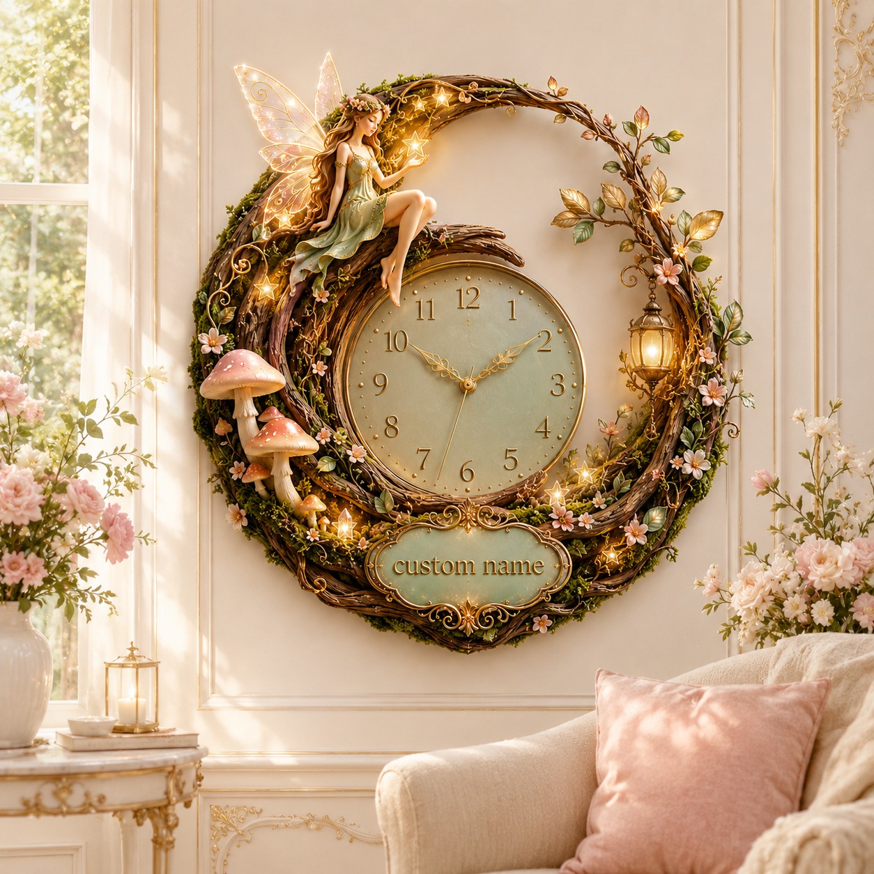 Personalized Woodland Fairy Wall Clock with Custom Name — personalized with a custom name