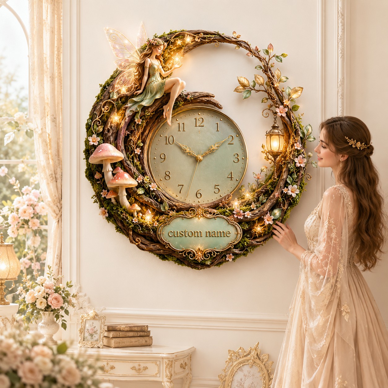 Personalized Woodland Fairy Wall Clock with Custom Name — personalized with a custom name