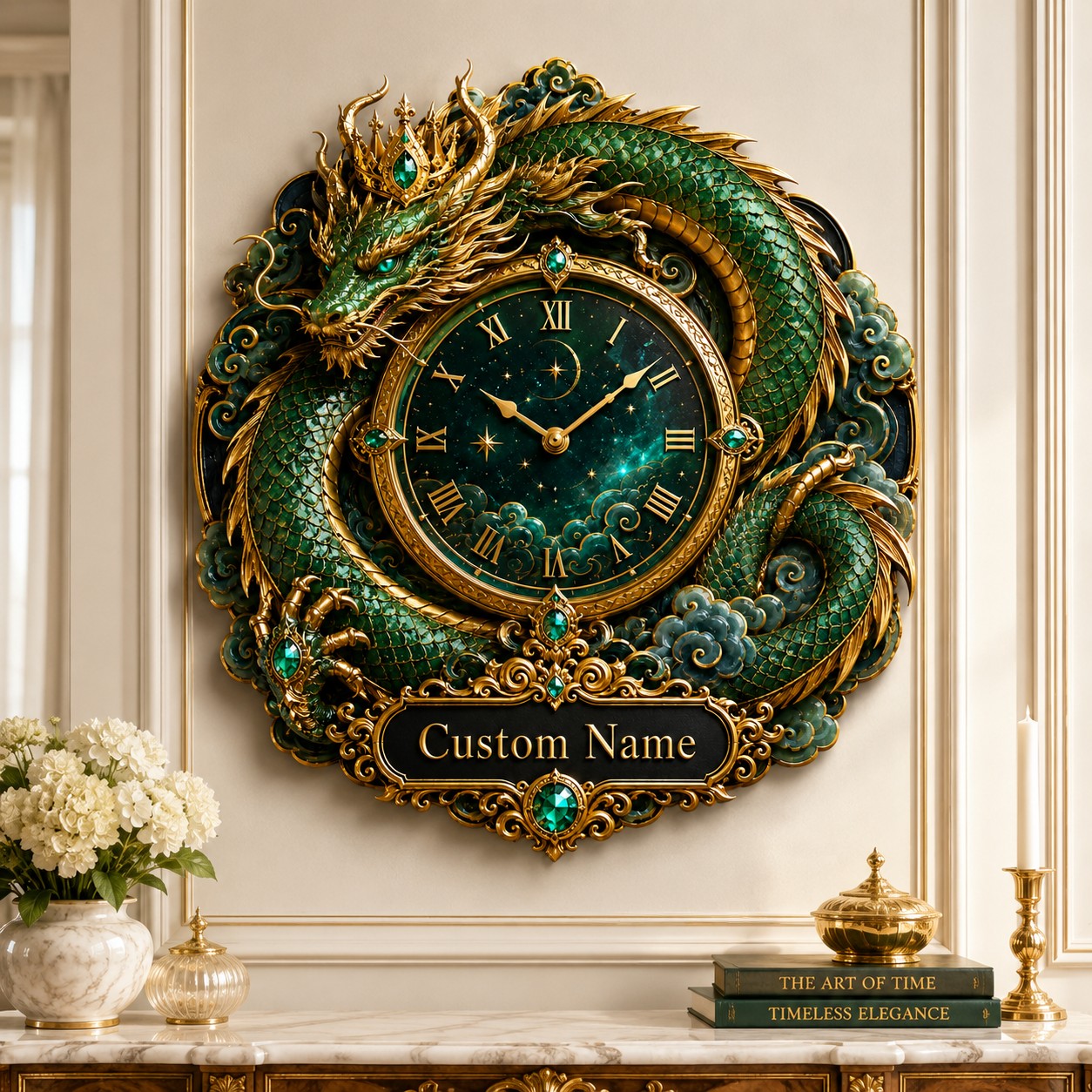 Personalized Emerald Dragon Wall Clock with Custom Name — personalized with a custom name
