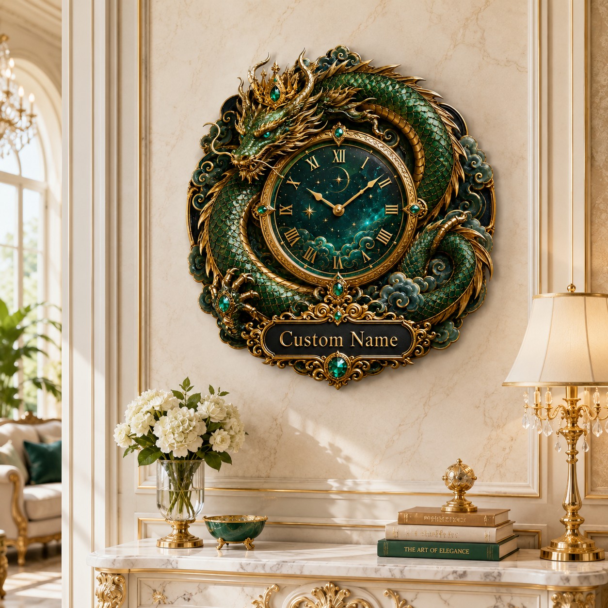 Personalized Emerald Dragon Wall Clock with Custom Name — personalized with a custom name