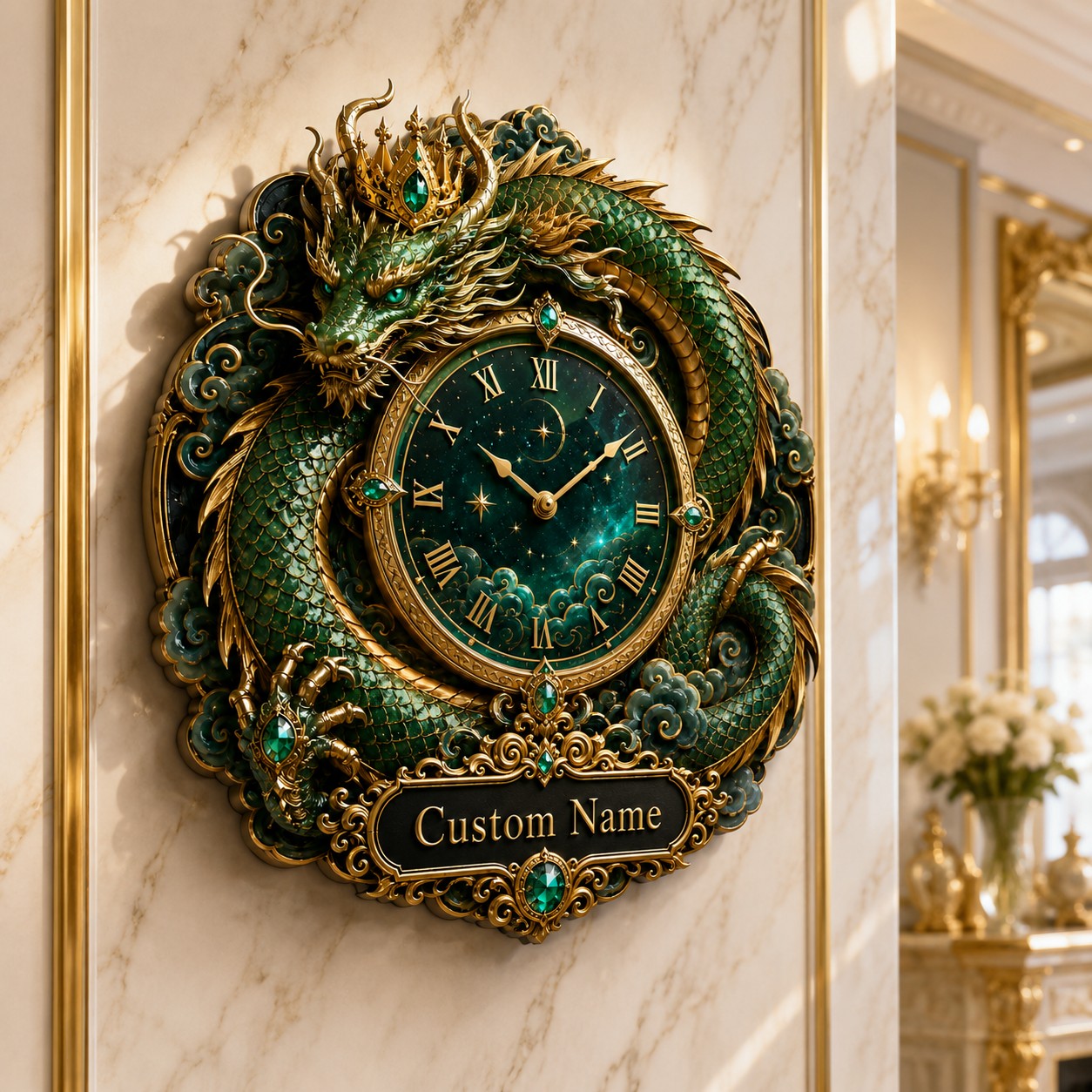 Personalized Emerald Dragon Wall Clock with Custom Name — personalized with a custom name