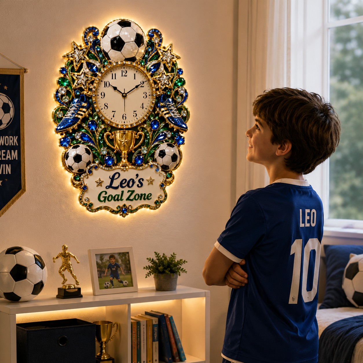Personalized Soccer Goal Zone Wall Clock with Custom Name — personalized with a custom name