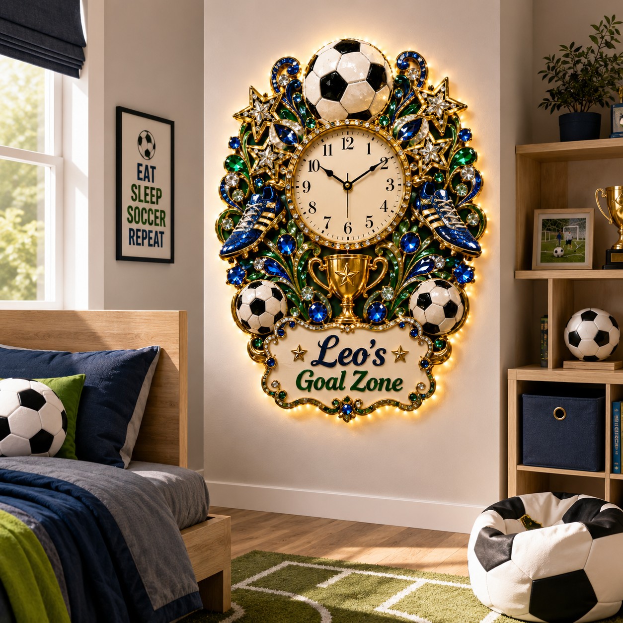 Personalized Soccer Goal Zone Wall Clock with Custom Name — personalized with a custom name