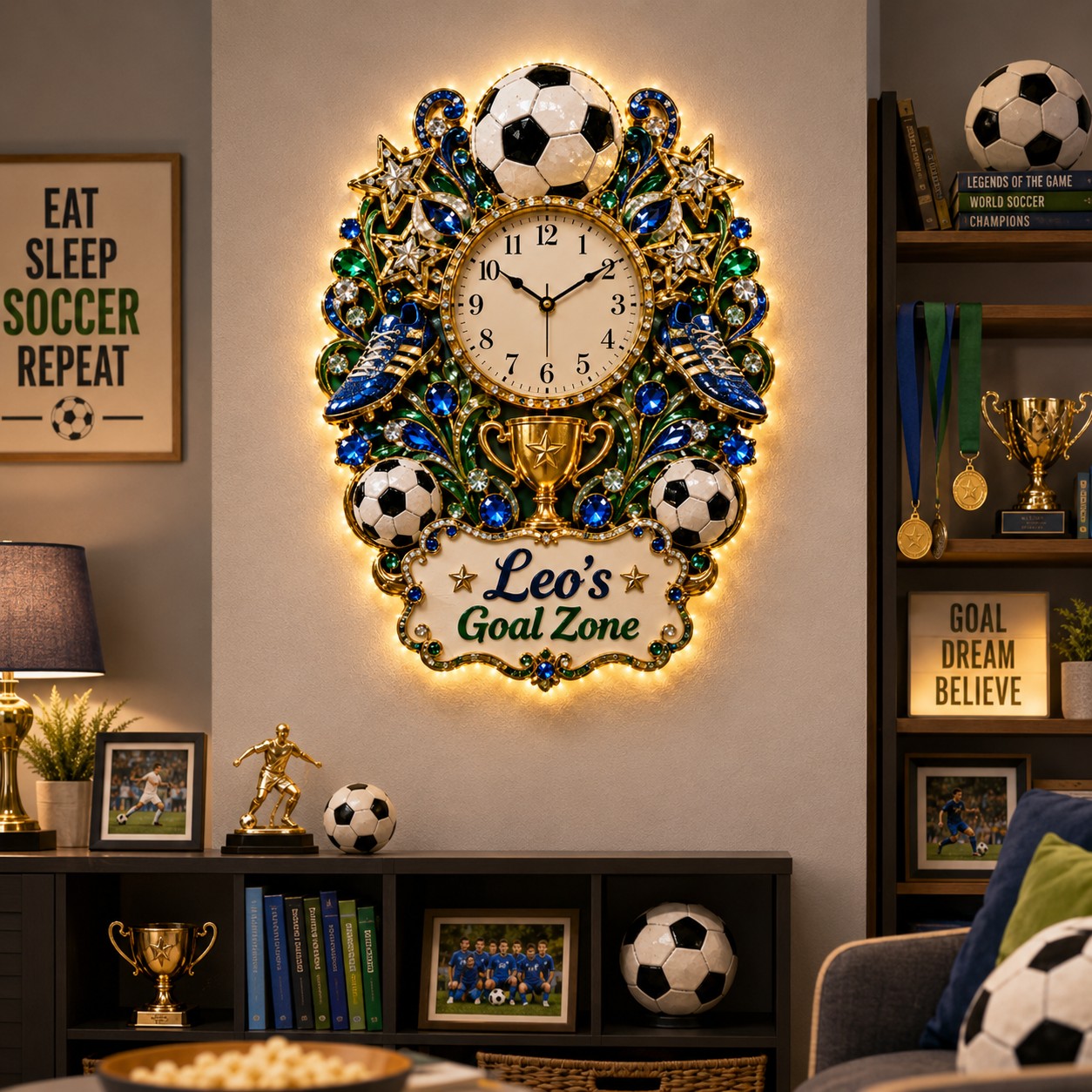 Personalized Soccer Goal Zone Wall Clock with Custom Name — personalized with a custom name