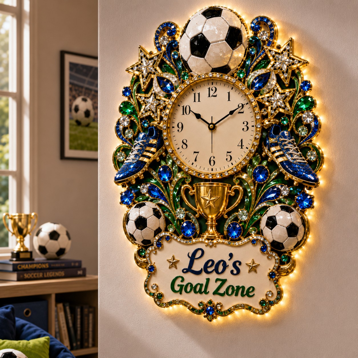 Personalized Soccer Goal Zone Wall Clock with Custom Name — personalized with a custom name