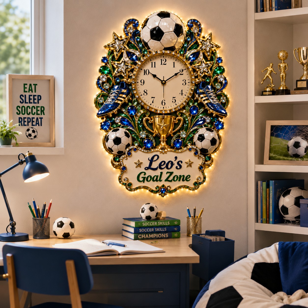 Personalized Soccer Goal Zone Wall Clock with Custom Name — personalized with a custom name