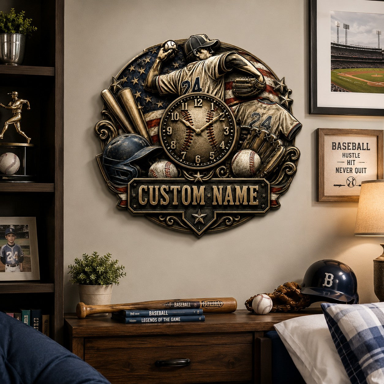Personalized Youth Baseball Wall Clock with Custom Name — personalized with a custom name