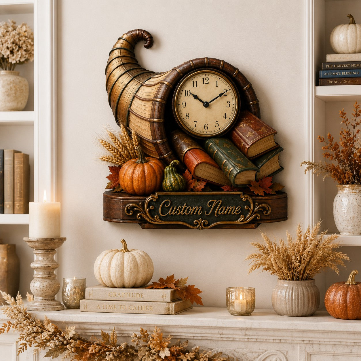 Personalized Thanksgiving Cornucopia Reader Wall Clock — personalized with a custom name