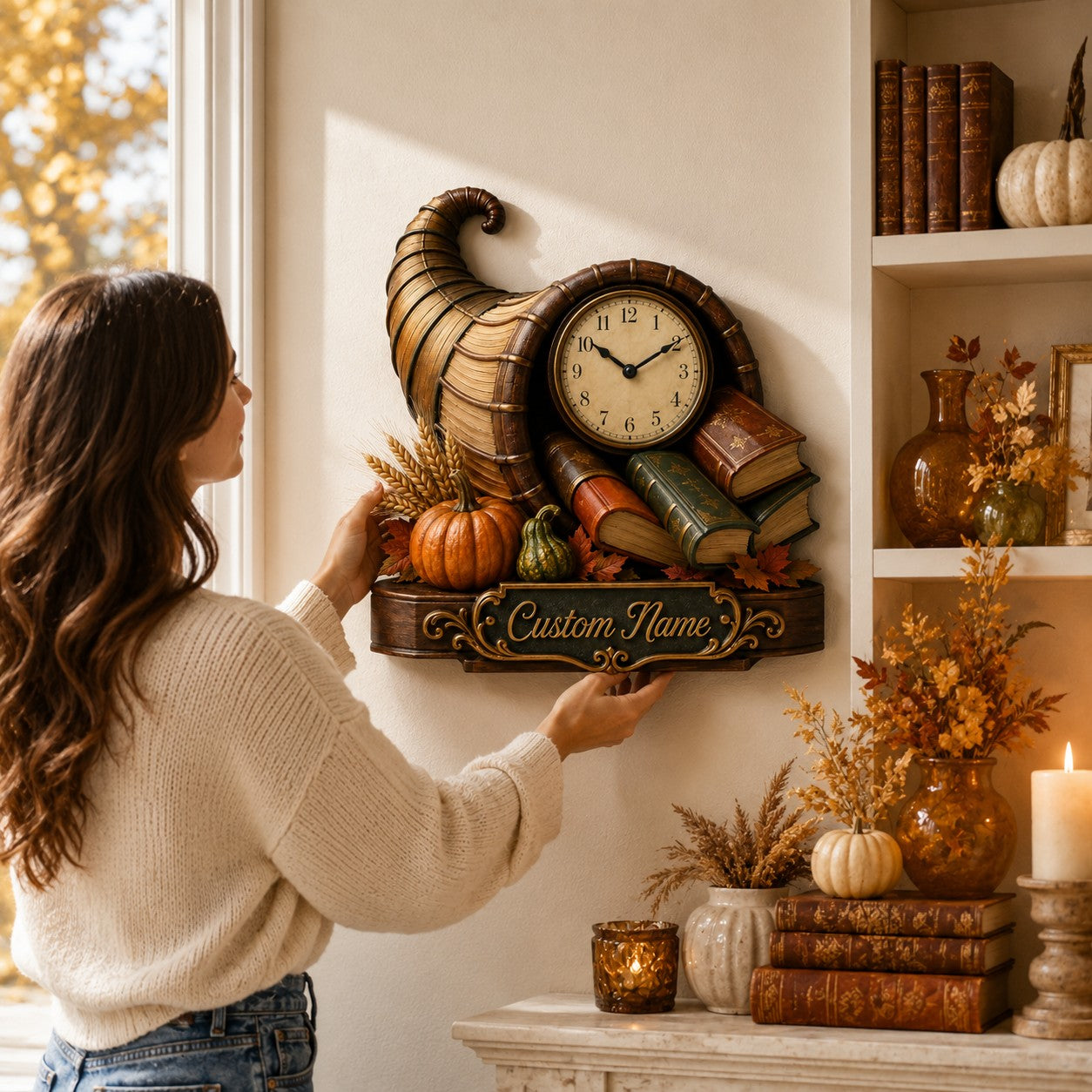 Personalized Thanksgiving Cornucopia Reader Wall Clock — personalized with a custom name