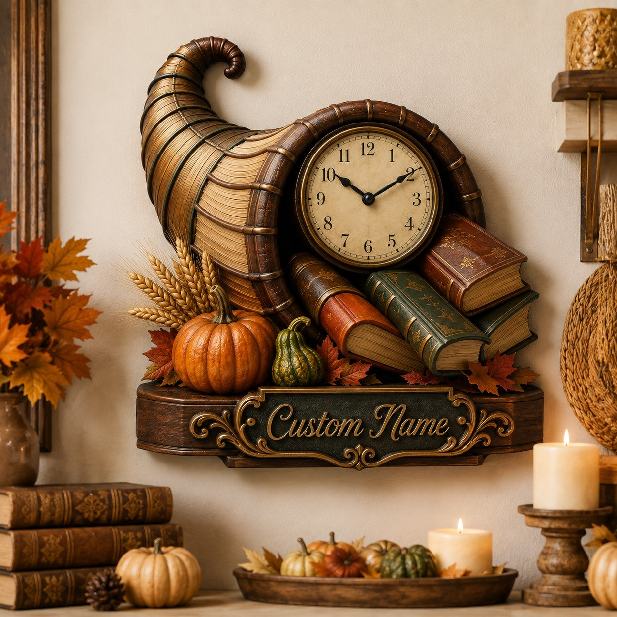 Personalized Thanksgiving Cornucopia Reader Wall Clock — personalized with a custom name