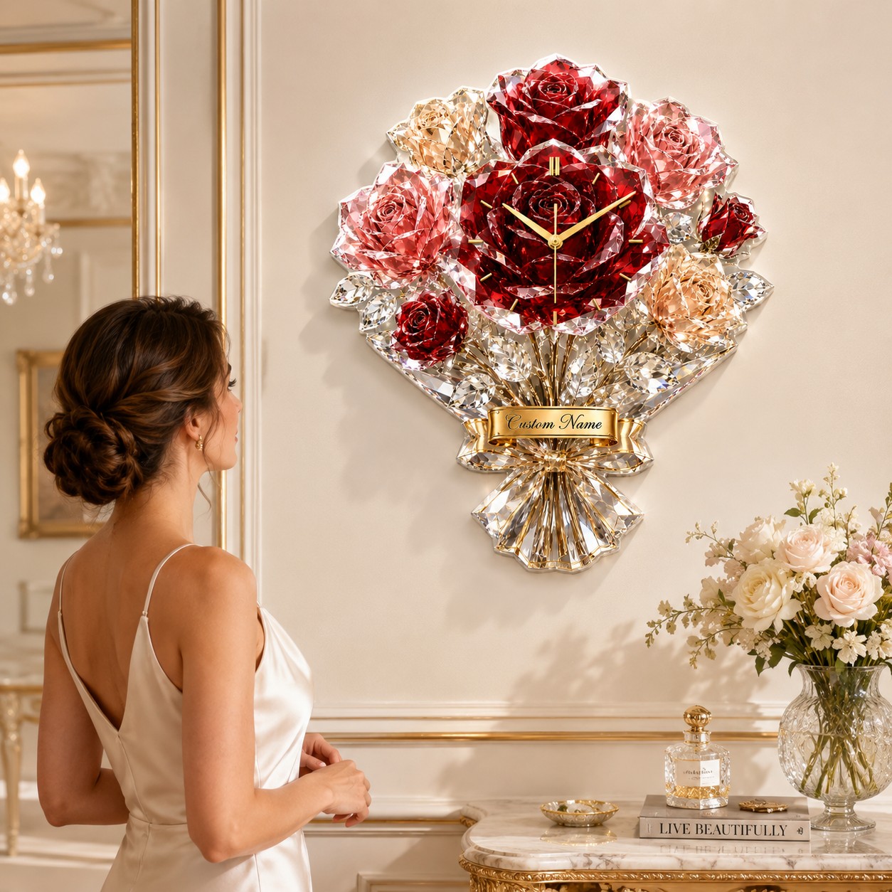 Personalized Luxury Rose Bouquet Wall Clock with Custom Name — personalized with a custom name
