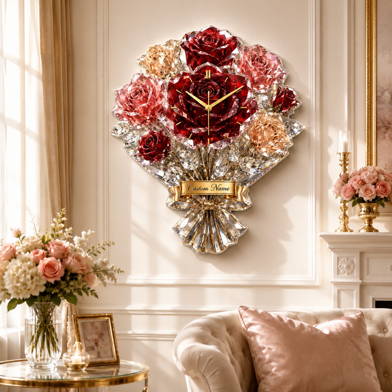 Personalized Luxury Rose Bouquet Wall Clock with Custom Name — personalized with a custom name