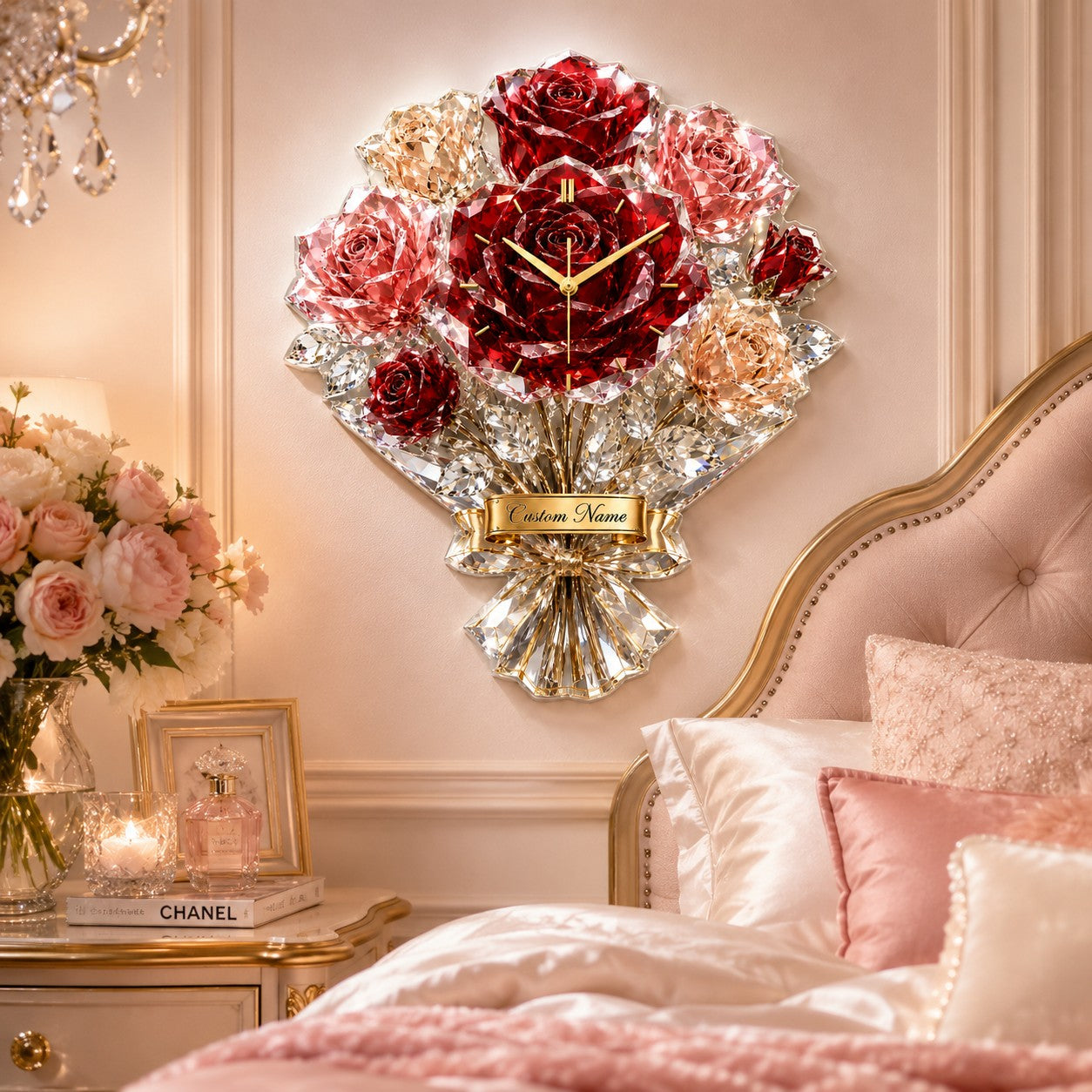 Personalized Luxury Rose Bouquet Wall Clock with Custom Name — personalized with a custom name