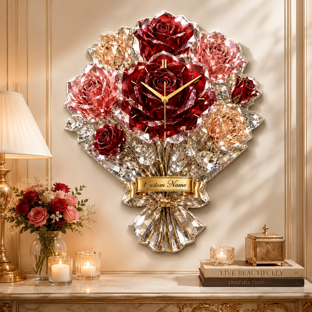 Personalized Luxury Rose Bouquet Wall Clock with Custom Name — personalized with a custom name