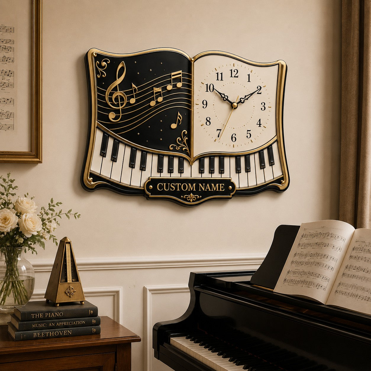 Personalized Piano Educators Wall Clock, Custom Name Gift for Pianists — personalized with a custom name