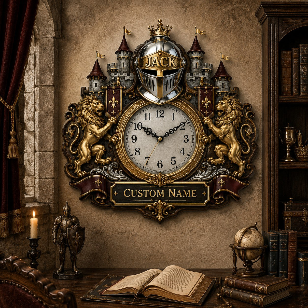 Personalized Medieval Wall Clock with Custom Name — personalized with a custom name
