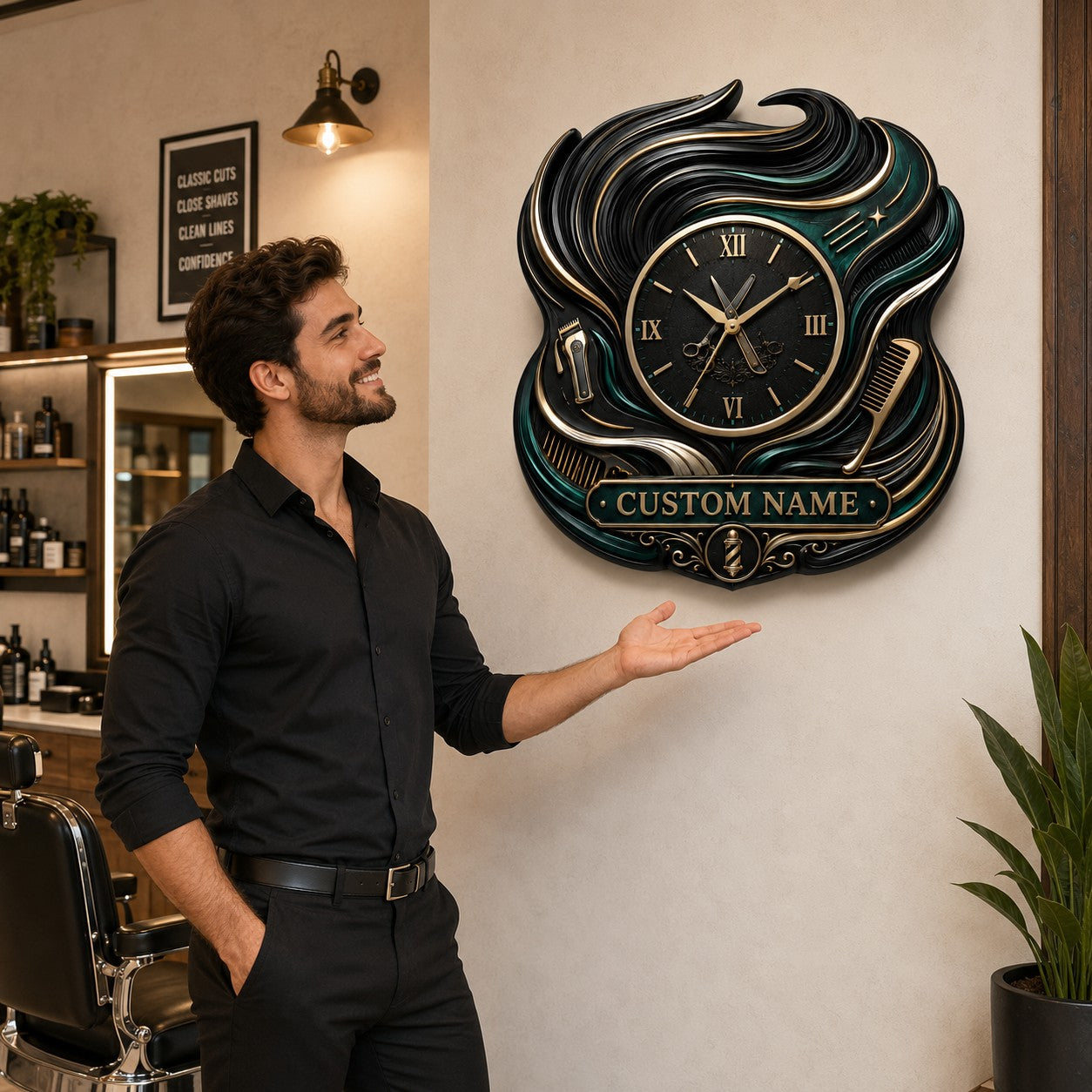 Personalized Barber Hair Wave Wall Clock, Custom Name Gift for Barbers — personalized with a custom name