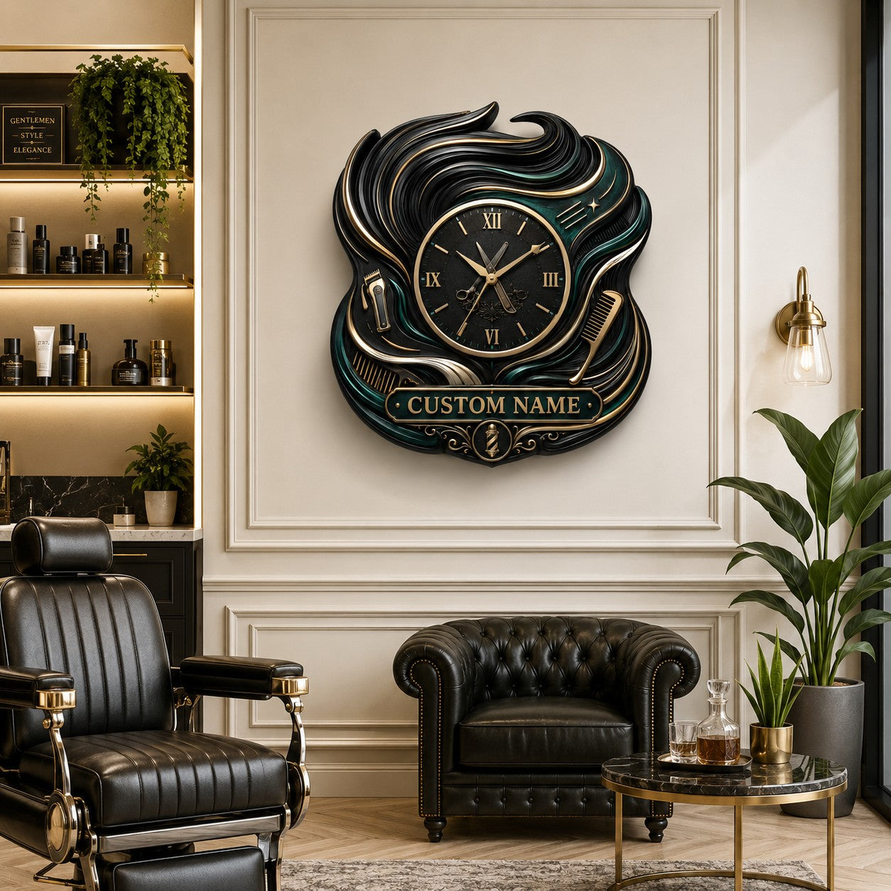 Personalized Barber Hair Wave Wall Clock, Custom Name Gift for Barbers — personalized with a custom name