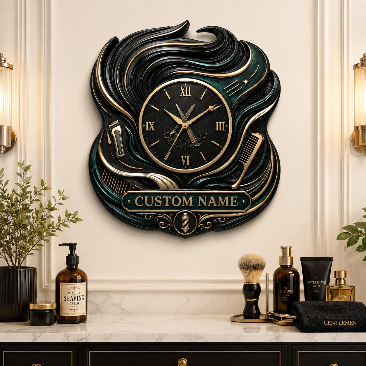 Personalized Barber Hair Wave Wall Clock, Custom Name Gift for Barbers — personalized with a custom name