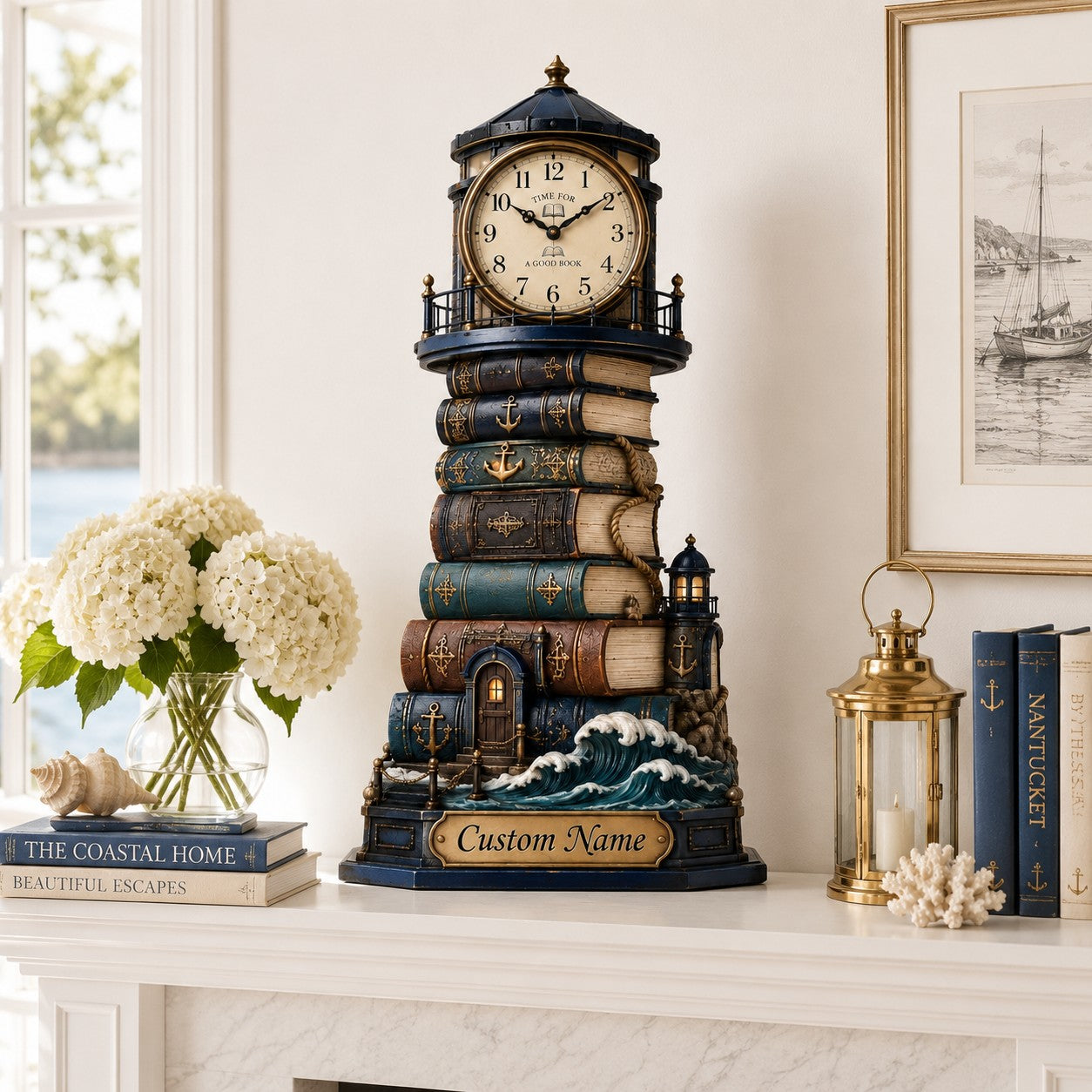 Personalized Lighthouse Book Lover Wall Clock with Custom Name — personalized with a custom name