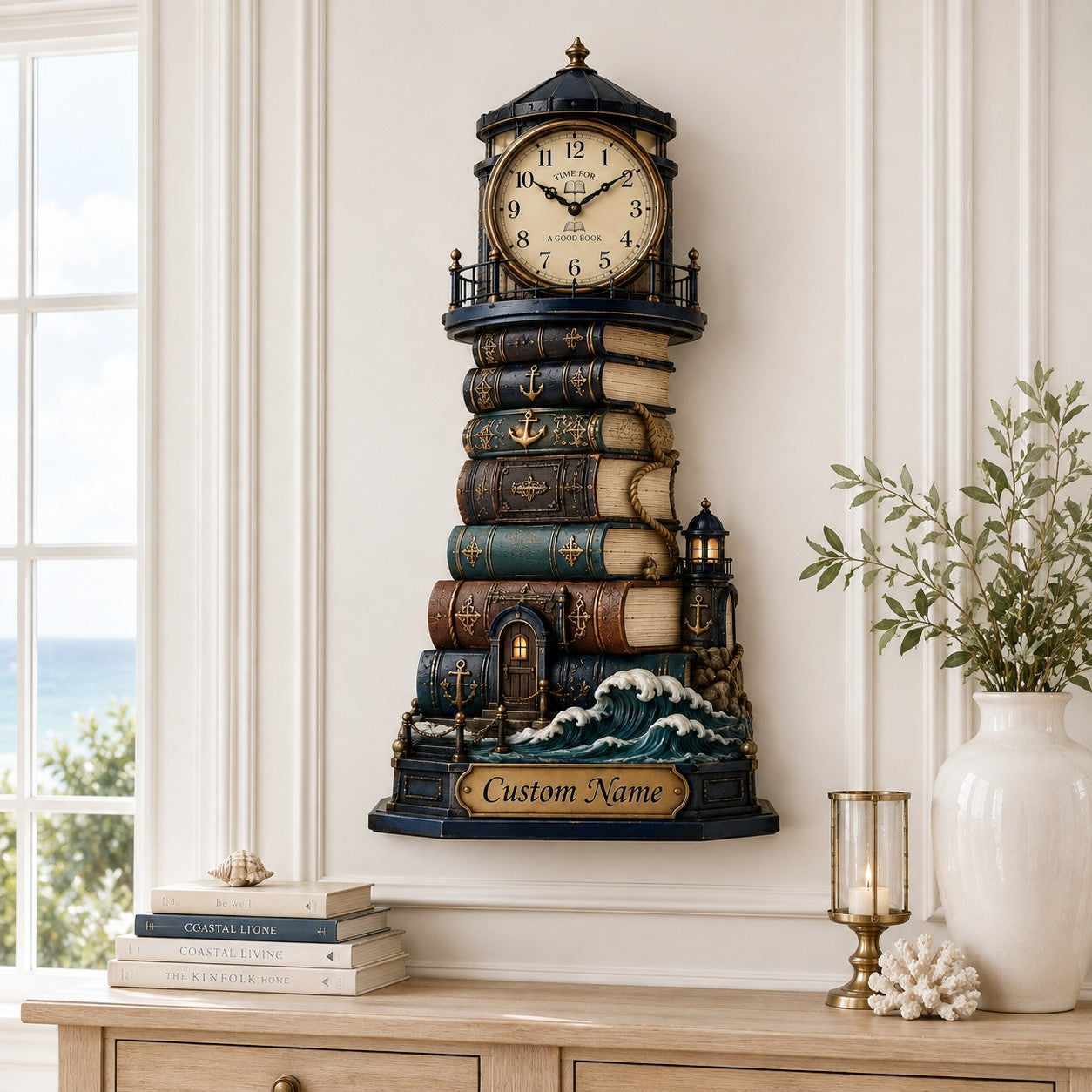 Personalized Lighthouse Book Lover Wall Clock with Custom Name — personalized with a custom name