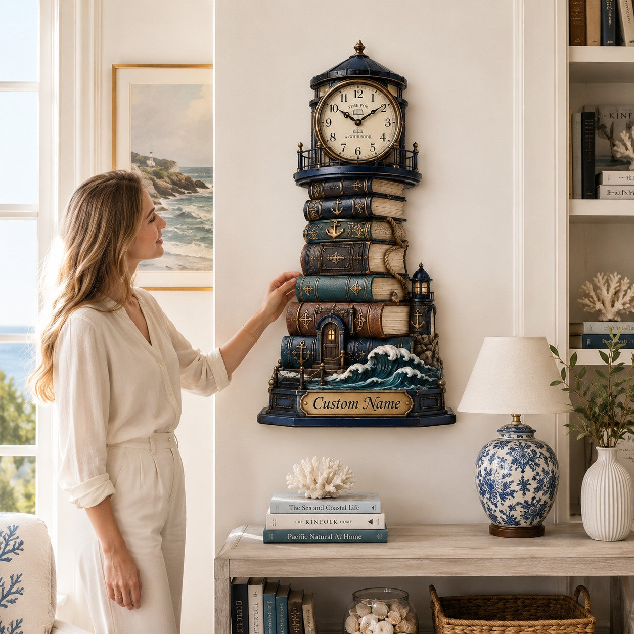Personalized Lighthouse Book Lover Wall Clock with Custom Name — personalized with a custom name