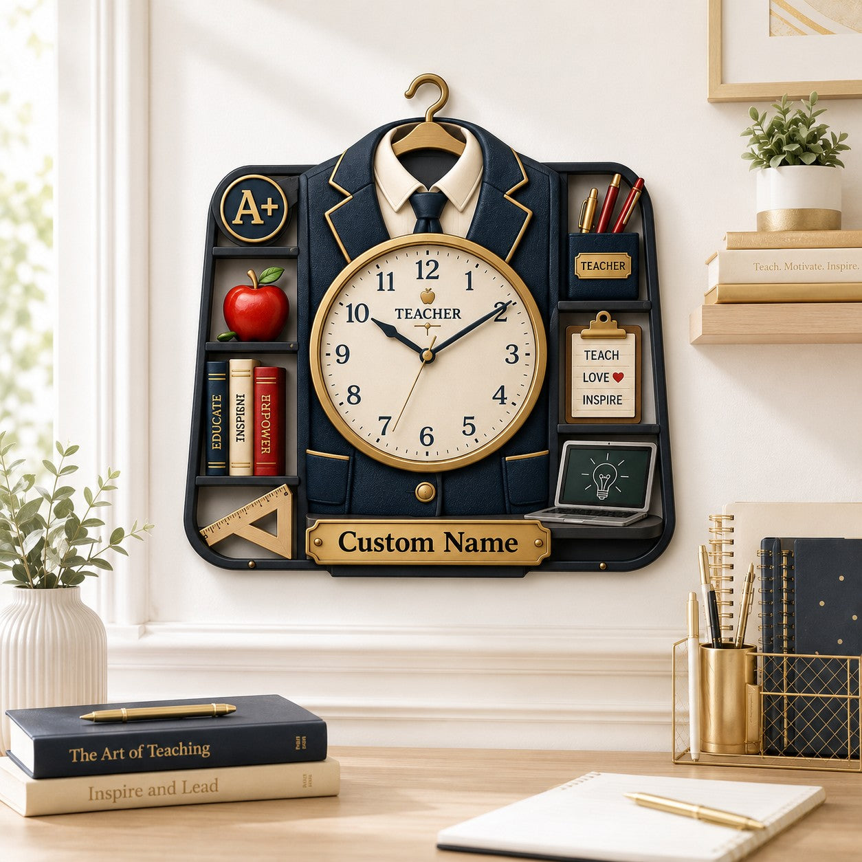 Personalized Teacher Wall Clock, Custom Name Gift for Teachers — personalized with a custom name