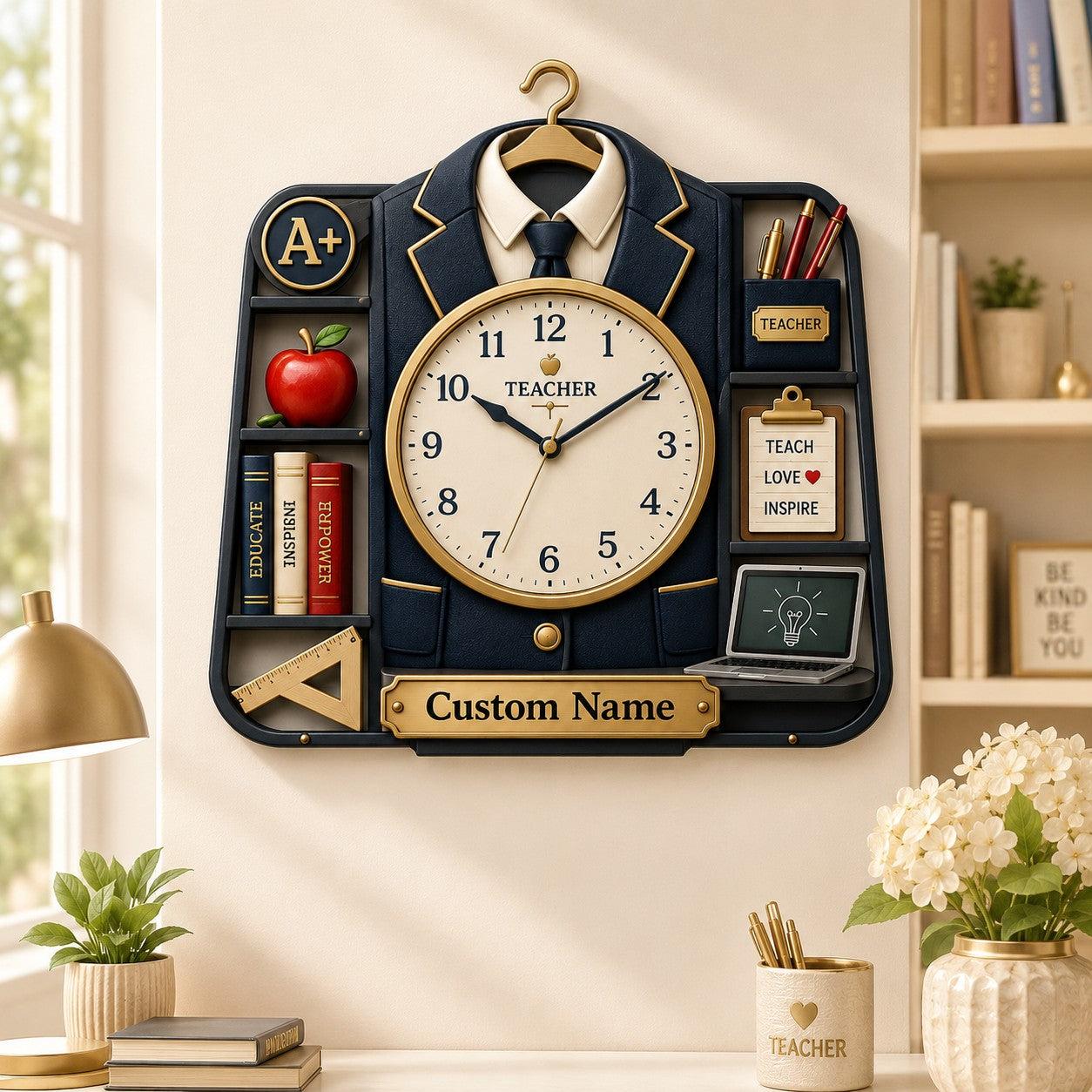 Personalized Teacher Wall Clock, Custom Name Gift for Teachers — personalized with a custom name