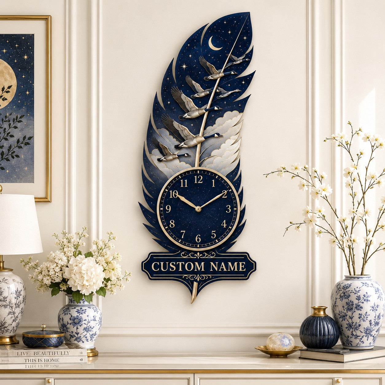 Personalized Goose Feather Wall Clock with Custom Name — personalized with a custom name
