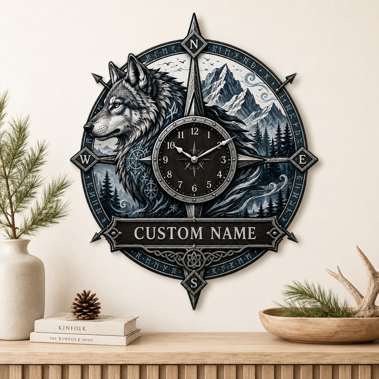 Personalized Wolf Compass Wall Clock with Custom Name — personalized with a custom name