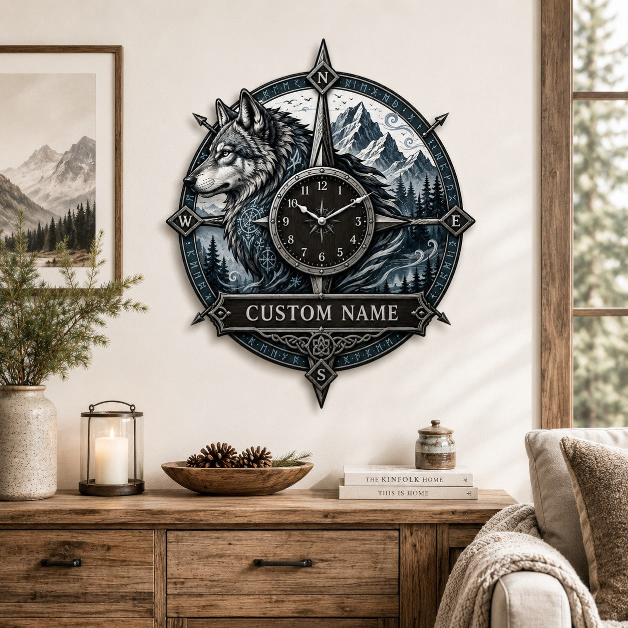 Personalized Wolf Compass Wall Clock with Custom Name — personalized with a custom name
