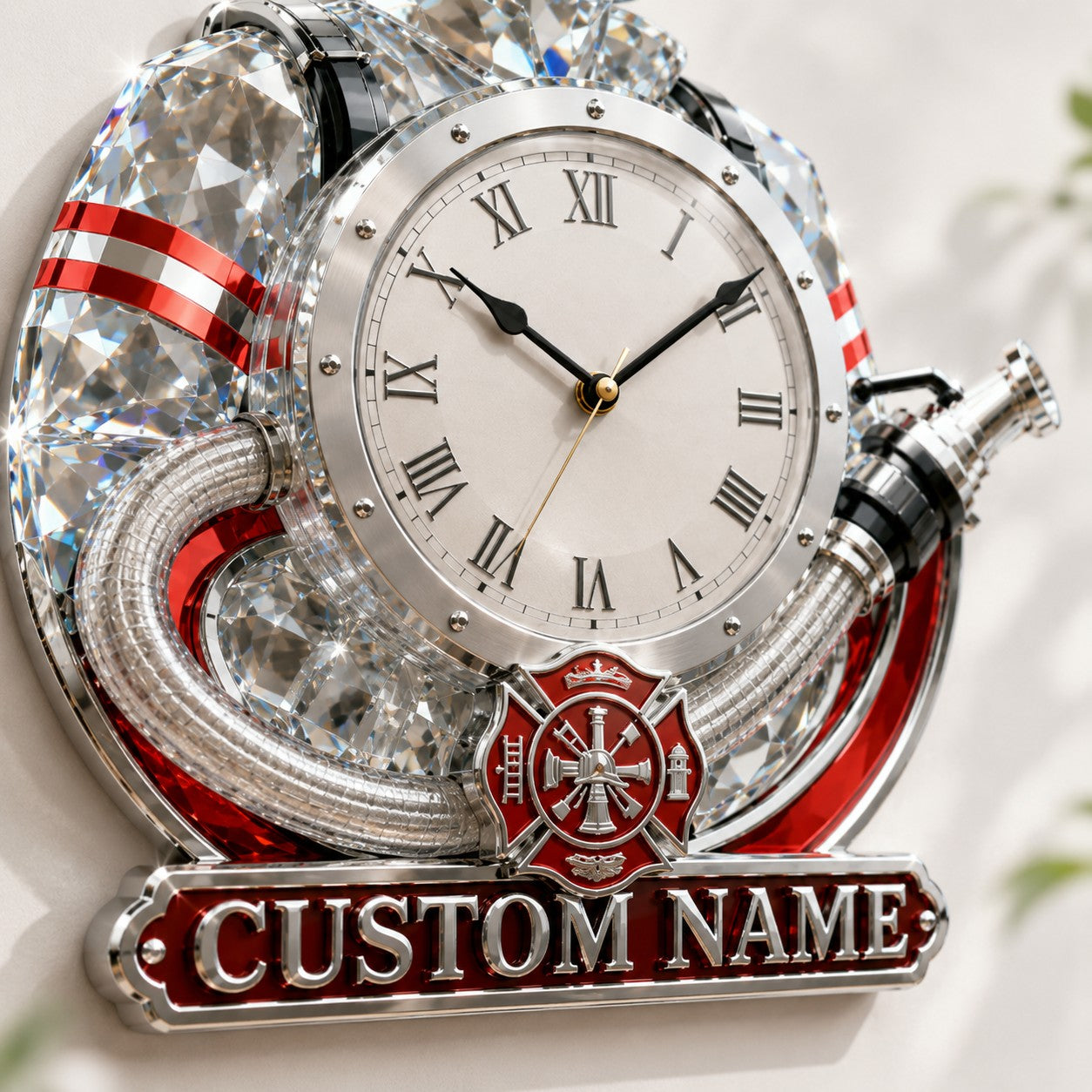 Personalized Crystal Firefighter Wall Clock with Custom Name — personalized with a custom name