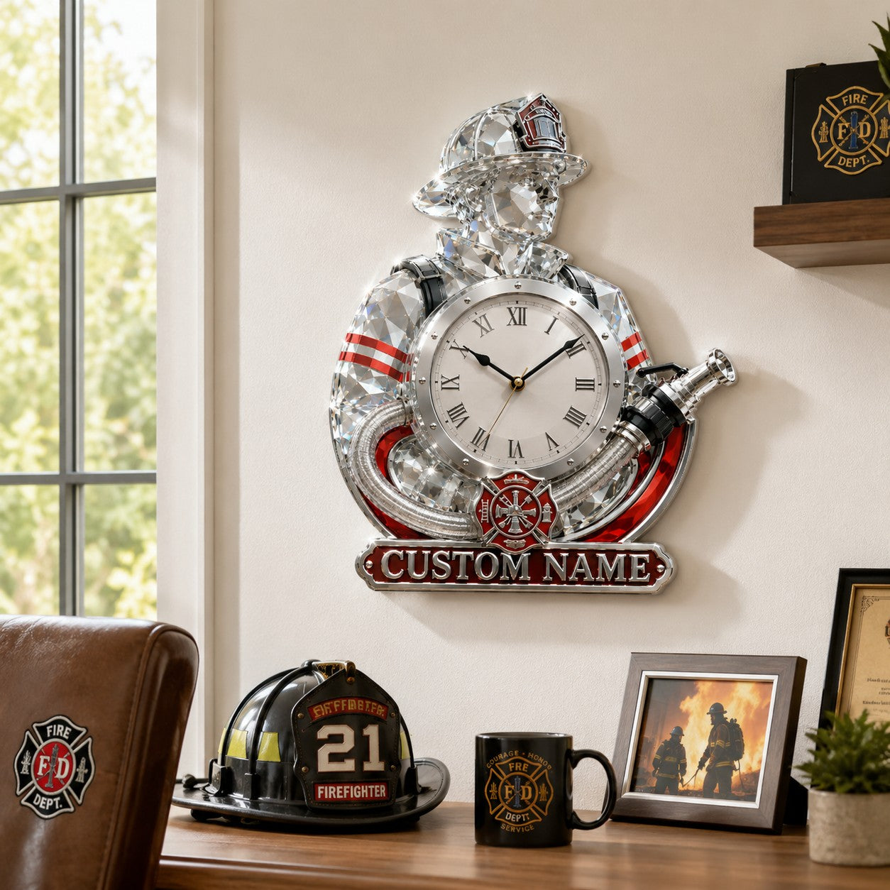 Personalized Crystal Firefighter Wall Clock with Custom Name — personalized with a custom name