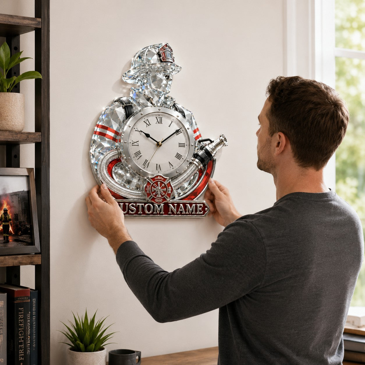 Personalized Crystal Firefighter Wall Clock with Custom Name — personalized with a custom name