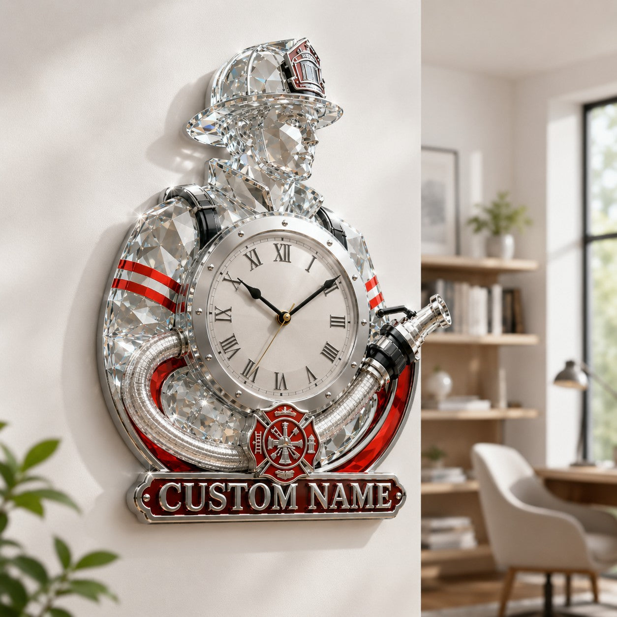 Personalized Crystal Firefighter Wall Clock with Custom Name — personalized with a custom name